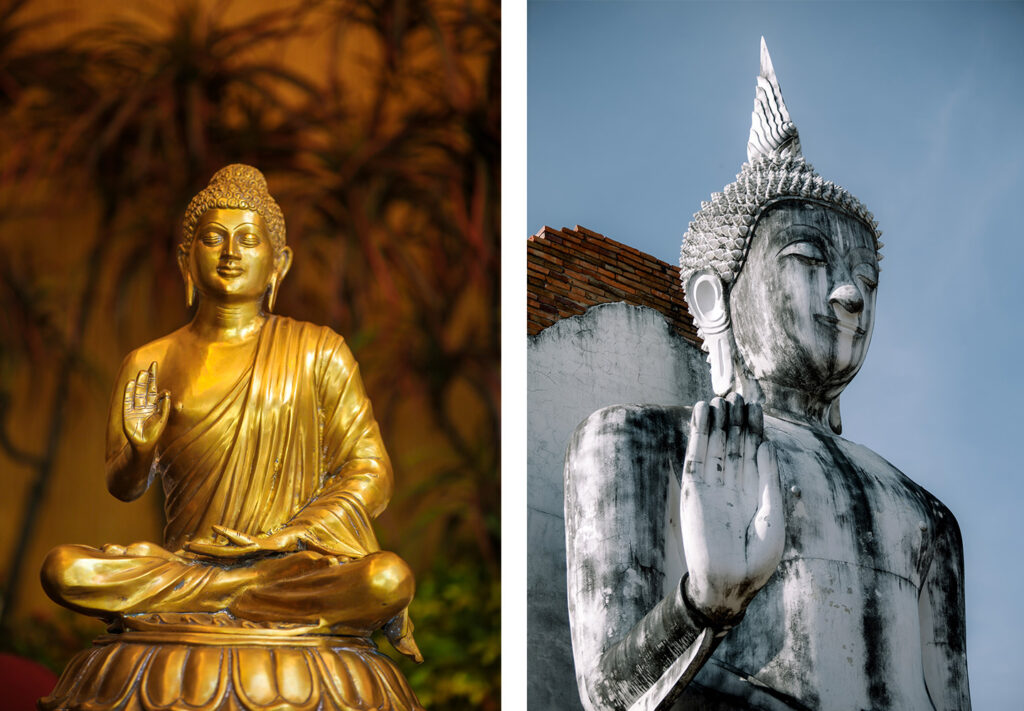 golden Buddha statue and stone grey Buddha statue